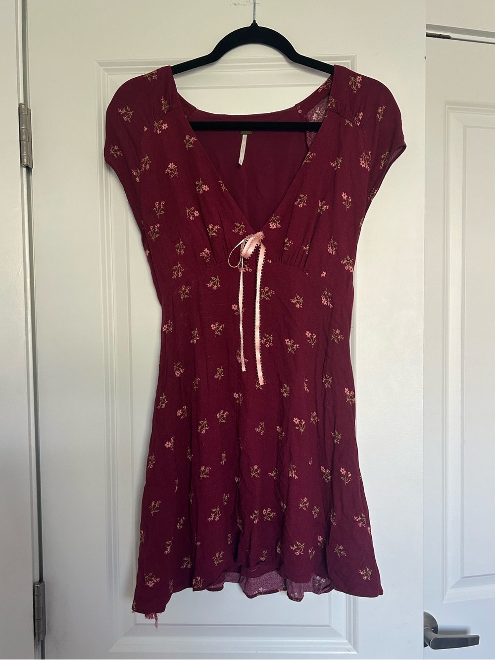 Free People Burgundy Mini Dress with Pink Tie and Floral Print